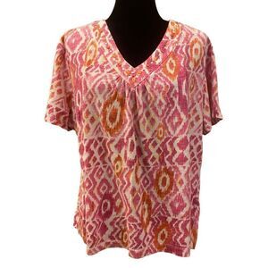 Alfred Dunner Short Sleeve V-Neck Top – Size XL – Pink/Orange Ikat Print
